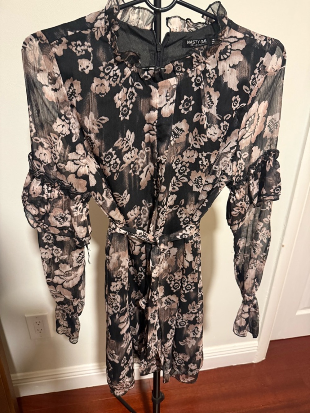 Nasty Gal Black and Blush Floral Ruffle Tie-Waist Long Sleeve Dress